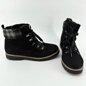 Sonoma Women's Black Suede Lace-Up Ankle Boots With Plaid Cuff Rubber Soles 10M